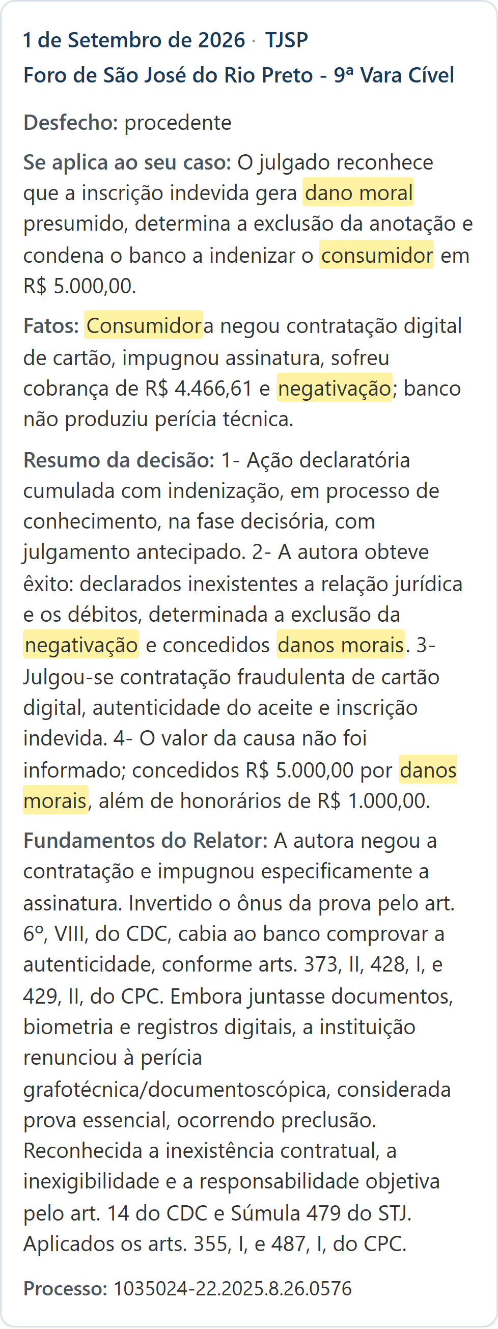 Decisão da 9ª Vara Cível de São José do Rio Preto aberta no Insight, com fatos, resumo e fundamentos